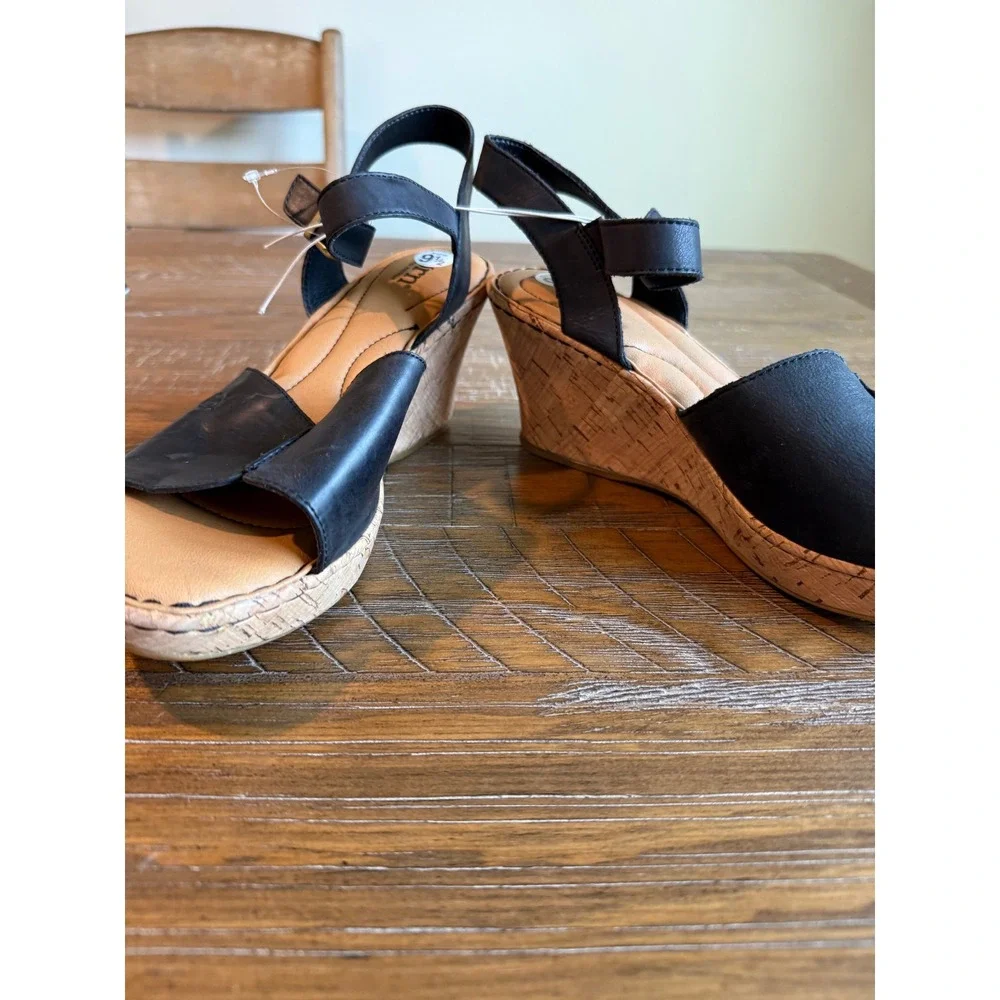 NEW Born Black Leather Cork Wedge Sandals‎ Womens 9.5 Comfort Boho Buckle Earthy